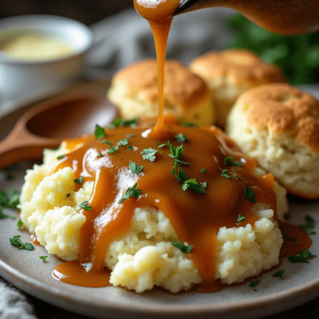 late of mashed potatoes topped with rich chicken gravy and biscuits on a cozy dining table.