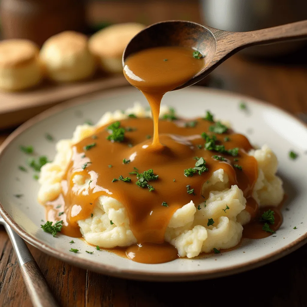 Finished plate of chicken gravy with mashed potatoes, garnished with fresh parsley, and served with biscuits.