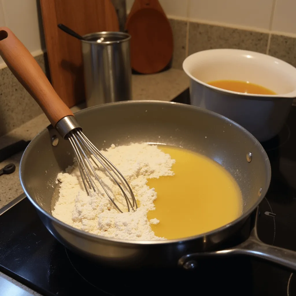Whisking butter and flour together to make a roux in a saucepan on the stove
