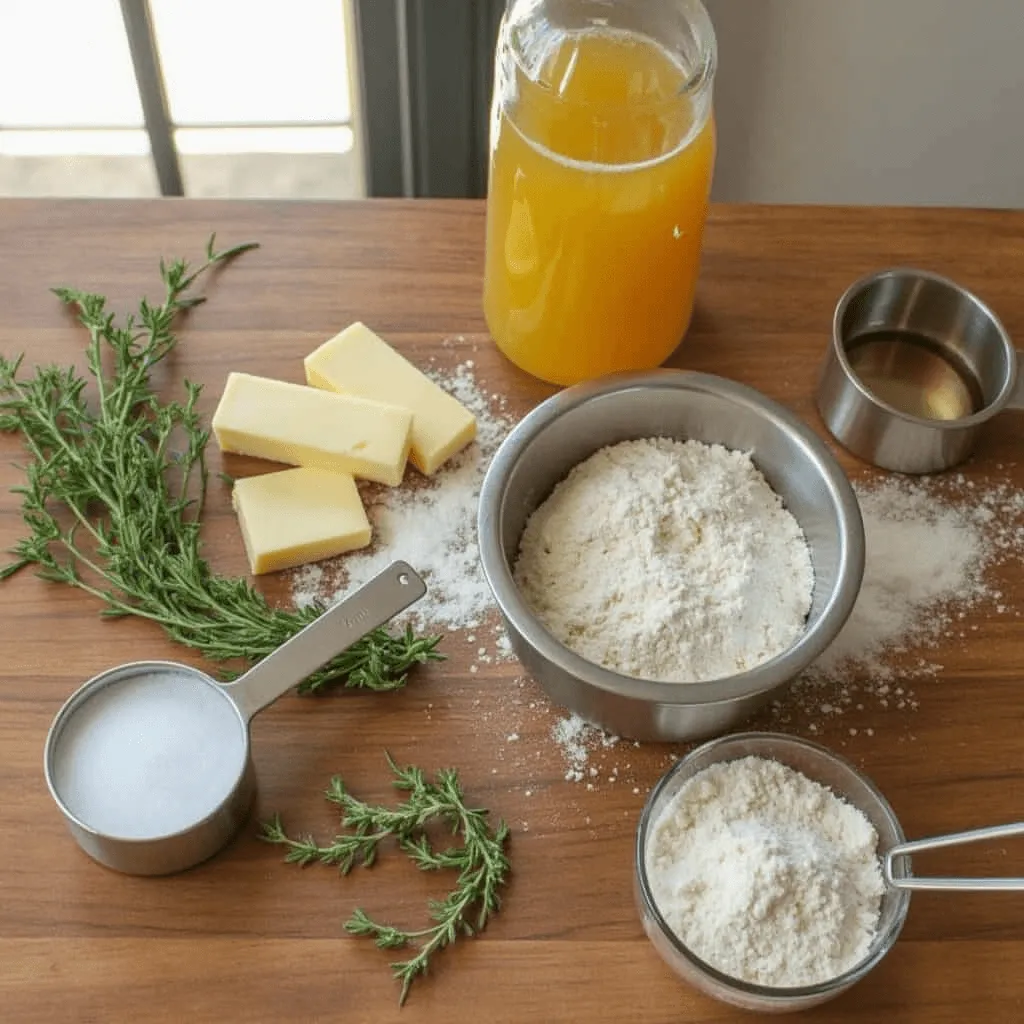 Ingredients for homemade gravy including chicken broth, butter, flour, and herbs on a wooden countertop