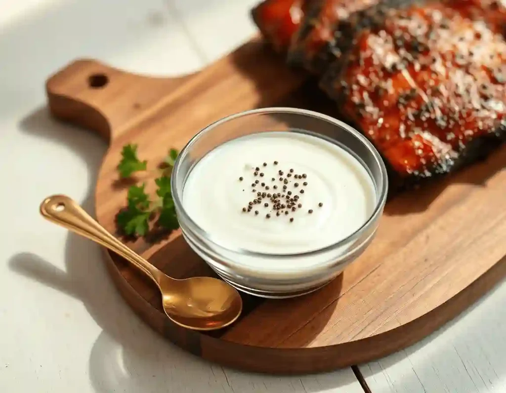 Smooth, white creamy garlic sauce in a glass bowl on a wooden cutting board, topped with black pepper and fresh parsley. A golden spoon rests beside it, with a glimpse of herb-seasoned meat in the background.