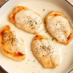Four seared chicken breasts simmer in a creamy garlic sauce in a white skillet, garnished with black pepper and herbs. The skillet sits on a light wooden surface under soft lighting.
