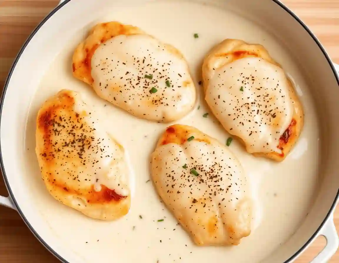 Four seared chicken breasts simmer in a creamy garlic sauce in a white skillet, garnished with black pepper and herbs. The skillet sits on a light wooden surface under soft lighting.